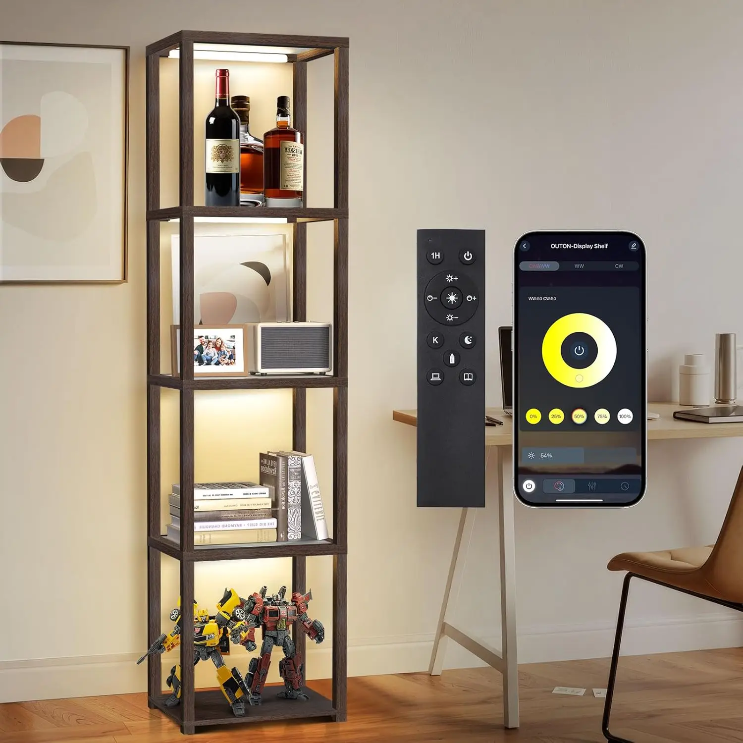 

67" Dimmable LED Floor Lamp with 5-Tier Glass Display Shelf, Remote & App Control for Living Room, Bedroom, Office Decor