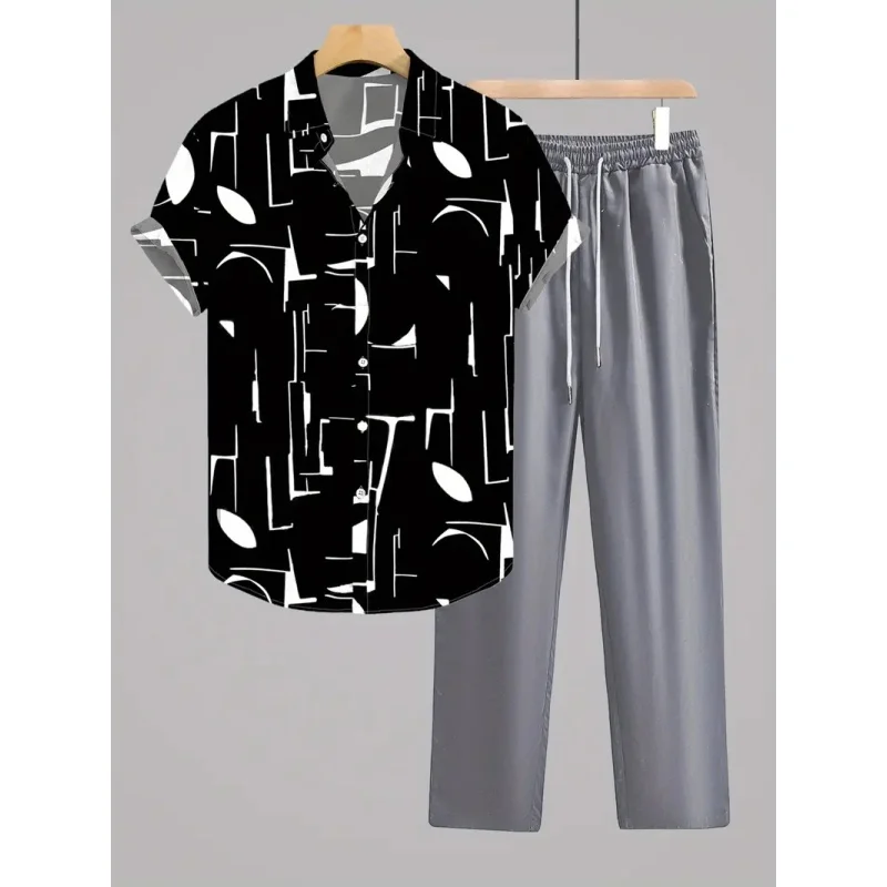 

Men 2-piece set-Black striped 3D printing-casual fashion short sleeved shirt and drawstring pants daily wear beach wear pretend