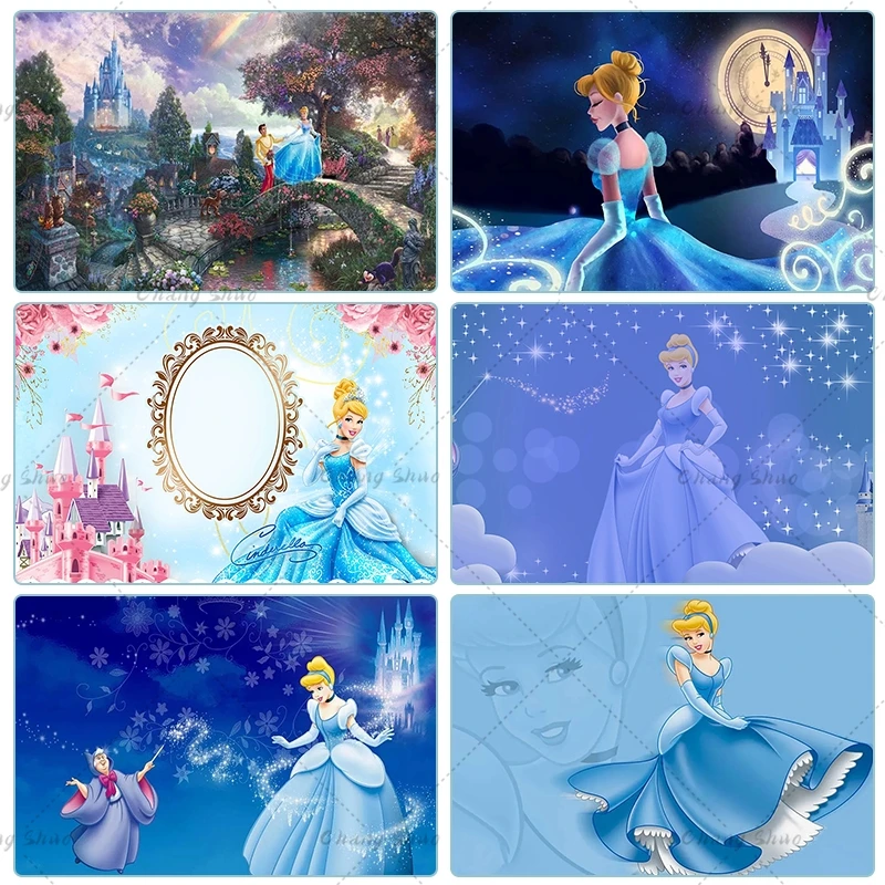 Disney Blue Dress Blonde Princess Backdrop Girls Birthday Party Decor Photo Background Cinderella Banner Baby Shower Photocall