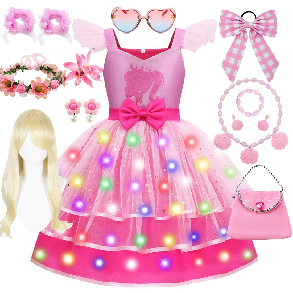 Movie Margot Robbie Barbi Letter B Costume Starry Pink Mesh TUTU Kids Girls Halloween Birthday Party Pink Cartoon Dress