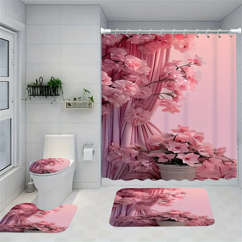 

Набор занавесок для душа с цветочным принтом и нескользящими ковриками, крышкой унитаза и ковриком для ванной — водостойкий полиэстер, набор декора для ванной комнаты с