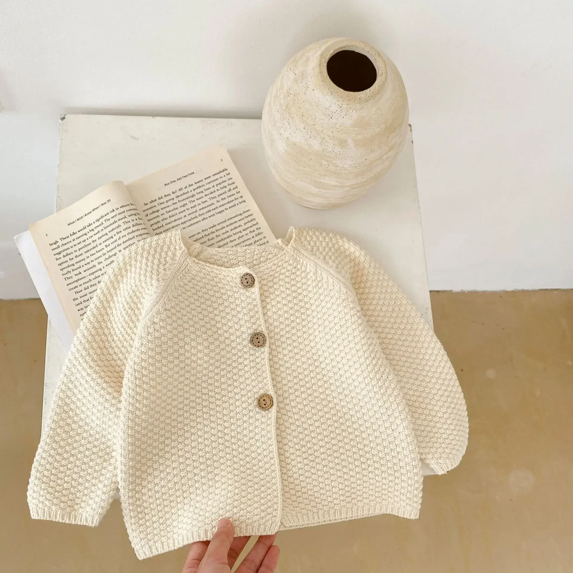 

Baby Sweater Coat Spring New Corn Round Neck Knitted Sweater Solid Color Boy's Cardigan Coat Girl Sweater