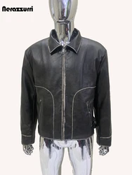 Nerazzurri Spring Autumn Washed Distressed Black Pu Leather Jacket Men Quilted Lining Turn-down Collar American Retro Clothes