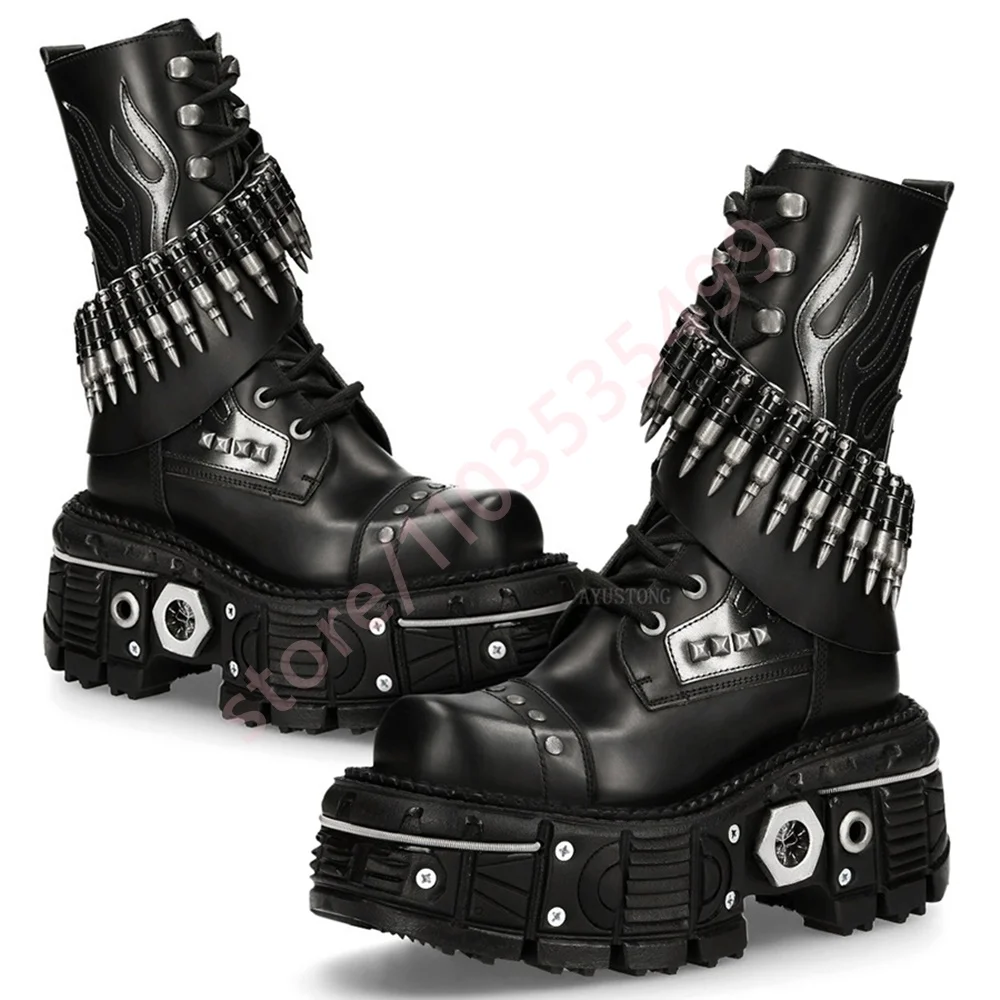 Thick Sole Rivet Bullet Motorcycle Boots 2025 New Street Rock Punk Lace-Up Boots Round Fashion 35-45 Sports Casual Party Boots
