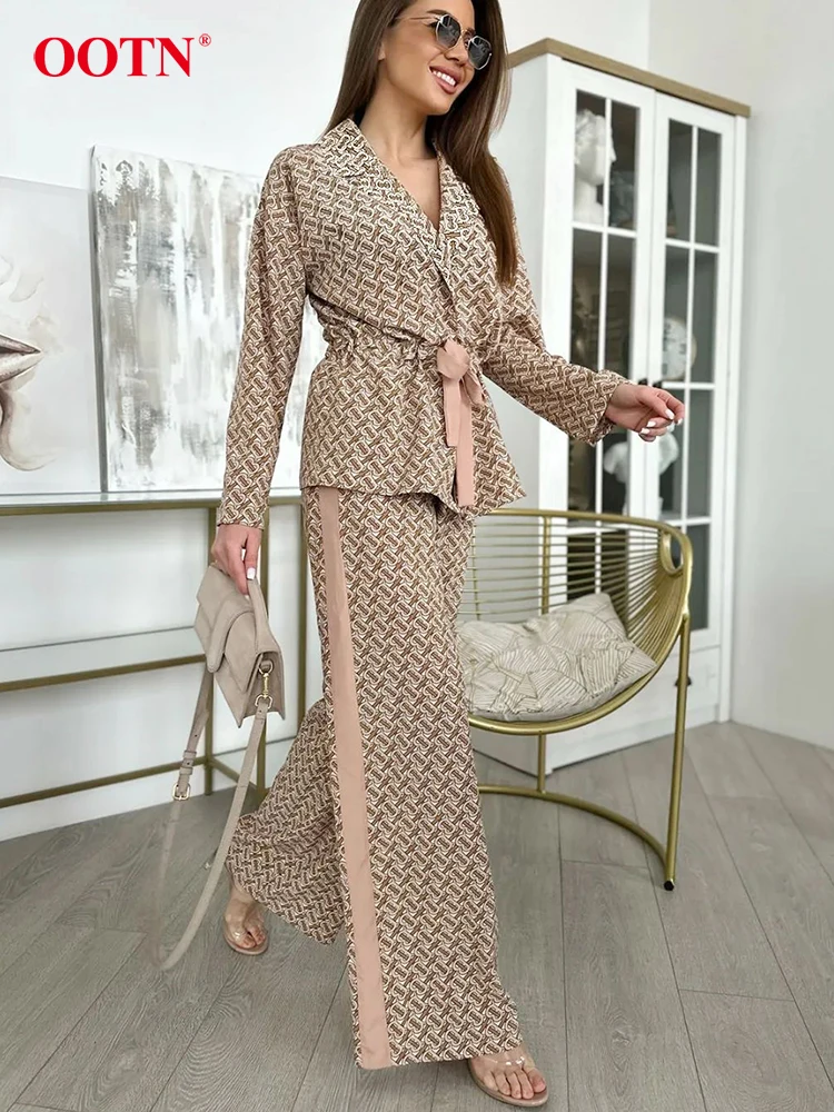 OOTN Spring Street Print Wide Leg Pants Suits Casual Belt Notched Neck Shirts High Waist Pants Two Piece Sets Women Elegant Suit