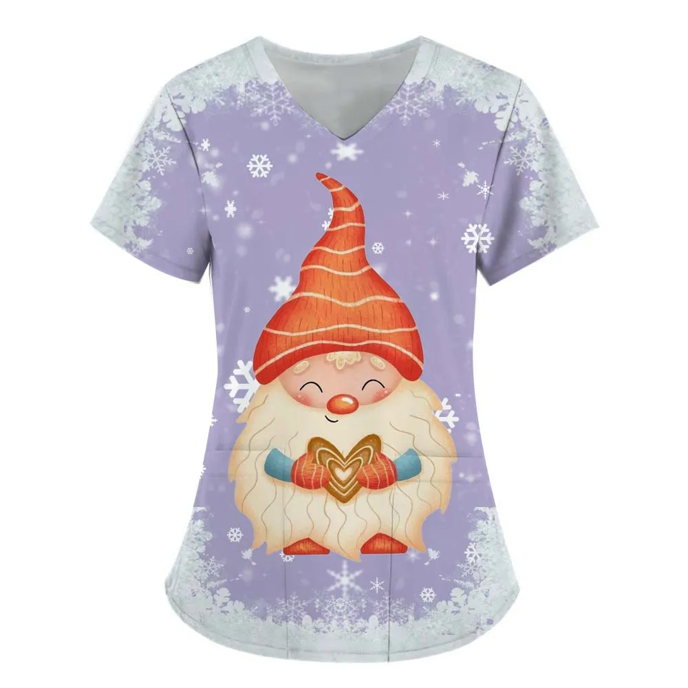 Women's Fashion Clothing Christmas Series Snowman 3D Printing Nurse Work Suit V-neck T-shirt Pocket Women's Short Sleeve Top