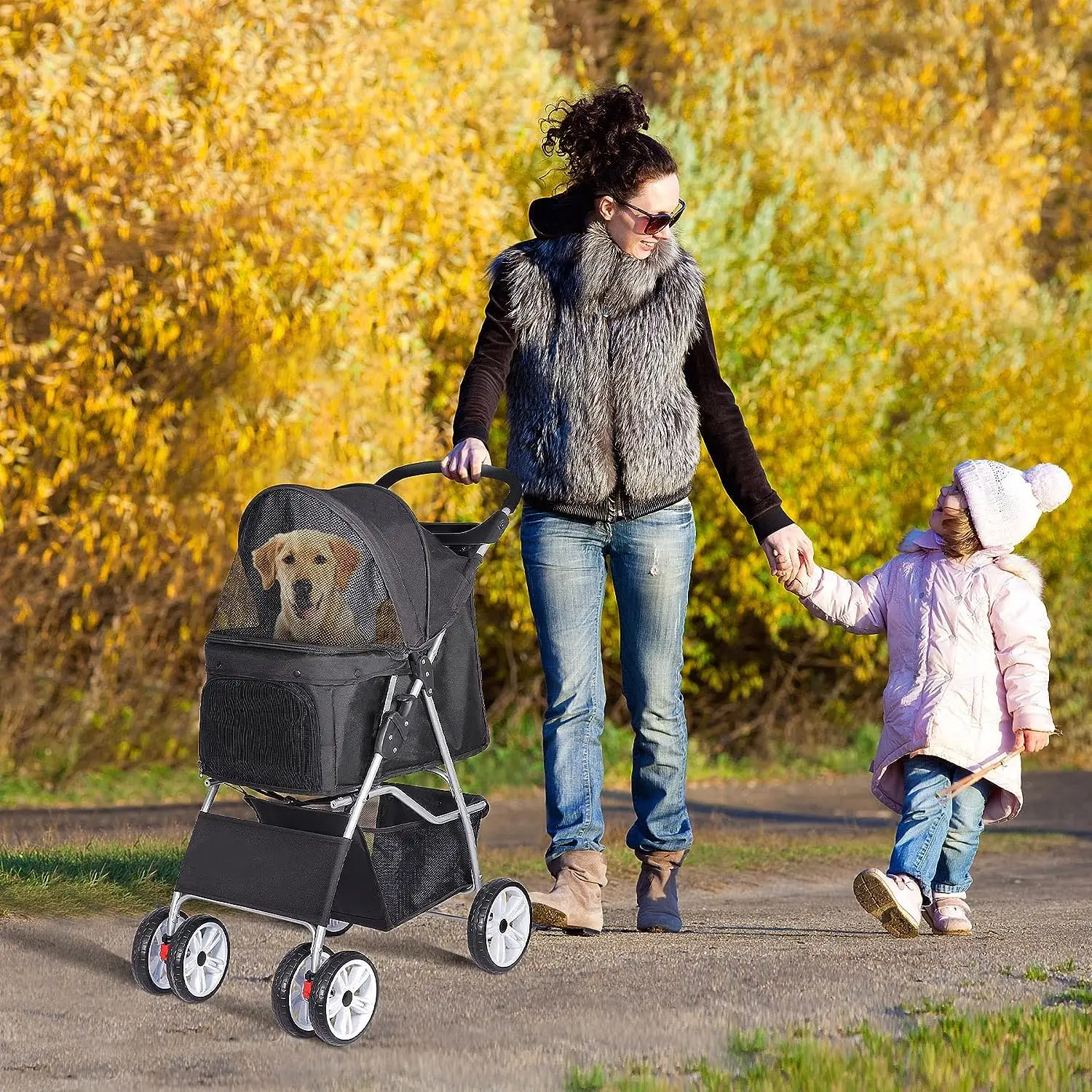 Foldable Pet Stroller, Cat/Dog Stroller with 4 Wheel, Pet Travel Carrier Strolling Cart with Storage Basket, Cup Holder, Black