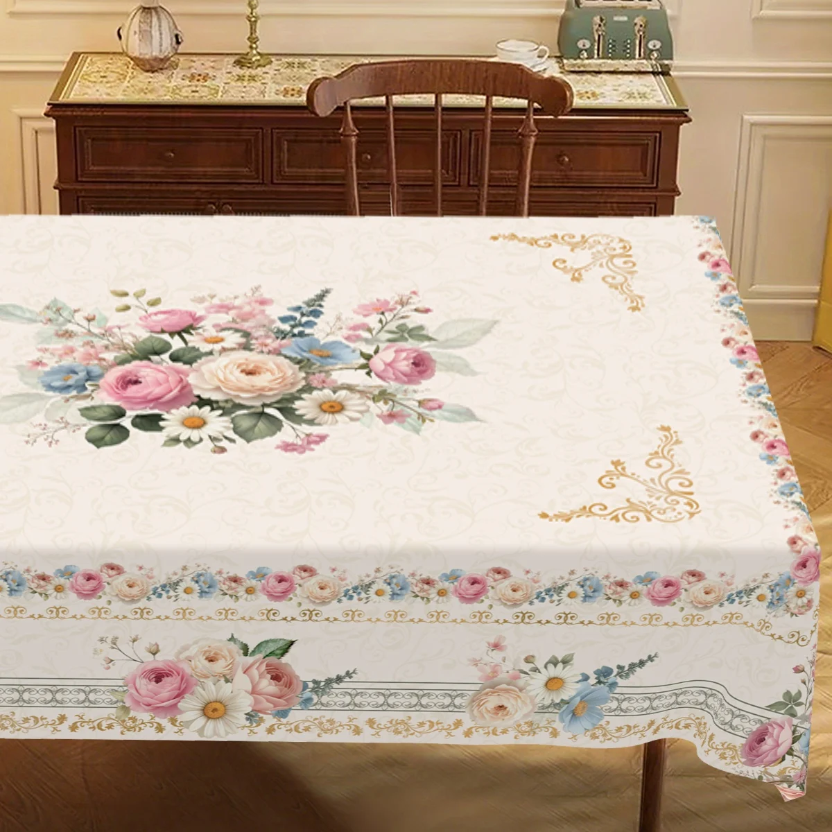 Retro Rose Garden Table Cloth Polyester Tablecloth Waterproof Stain Resistant Round Table Cover Wrinkle Free Indoor Outdoor Use