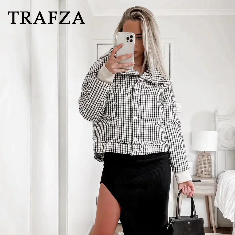 

TRAFZA 2023 Winter Women Casual Plaid Straight Coats Fashion Autumn Loose High Neck Jackets Vintage Elegant Jacket For Women