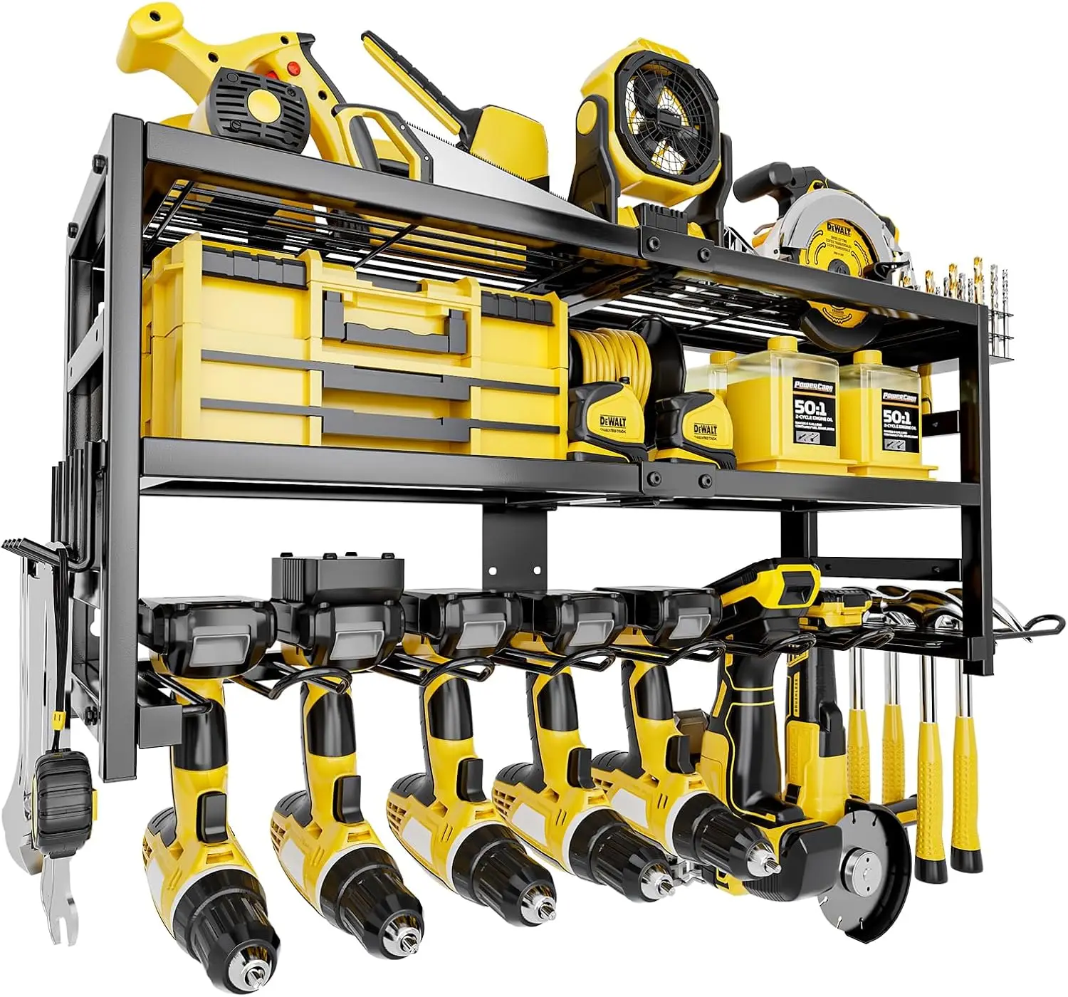 

Heavy Duty Wall Mount Tool Organizer, 3-Tier Storage Rack with Drill Holders & Battery Storage for Garage and Workshop