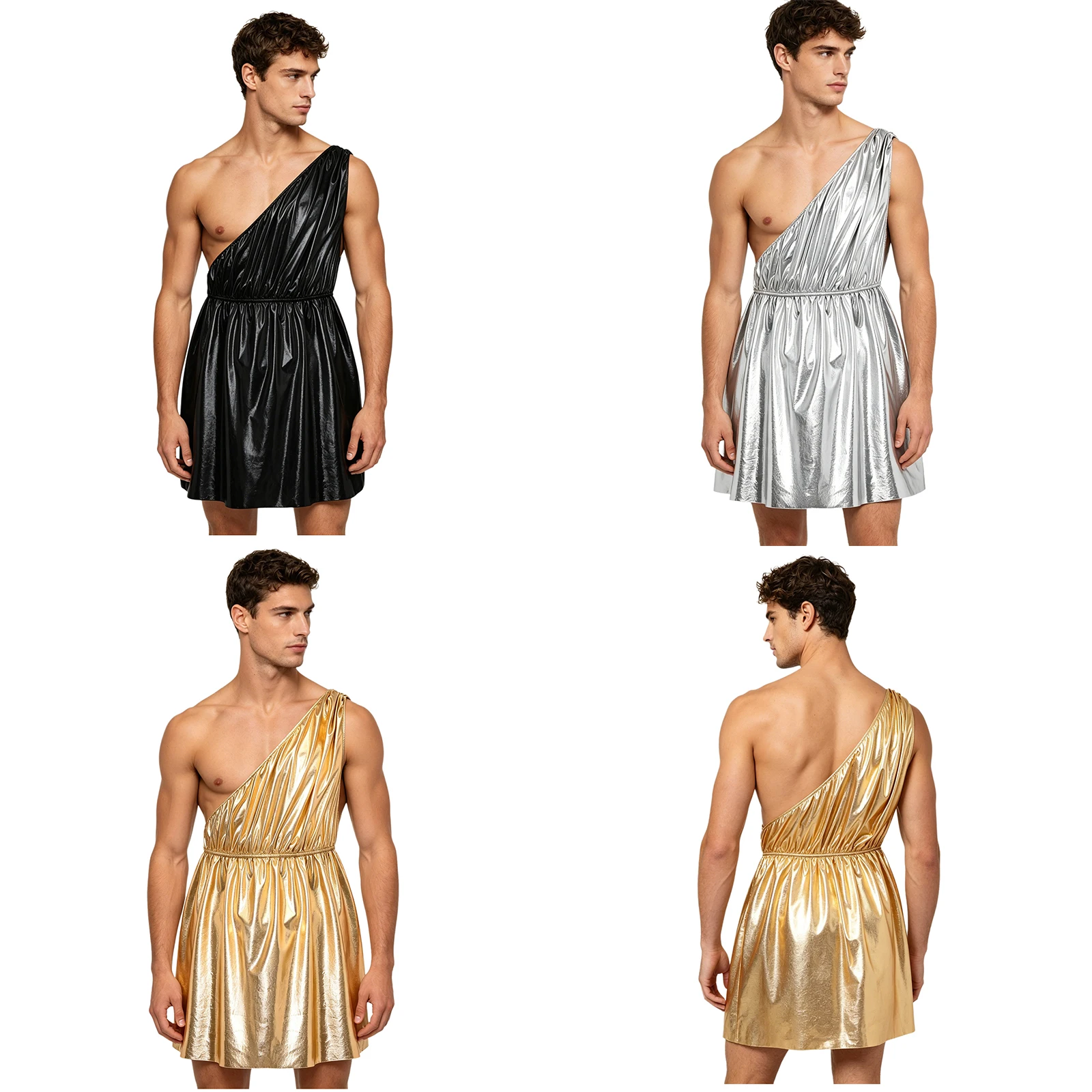 Men One Shoulder Metallic Shiny Ancient Greek Roman Toga Tunic Dress Halloween Carnival Party Mythology God Zeus Cupid Costume