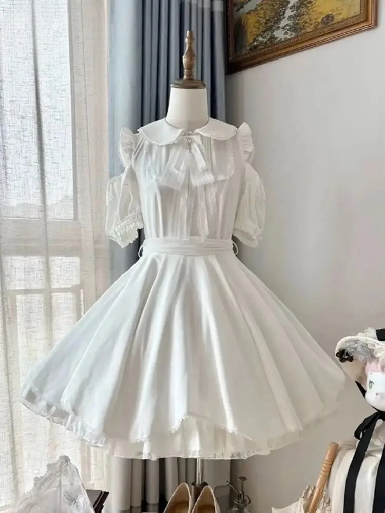 

Sweet Lolita Princess Mini Dress Women Bowknot Peter Pan Collar Puff Sleeve Off Shoulder Lace Trim High Waist Tea Party JP Fashi
