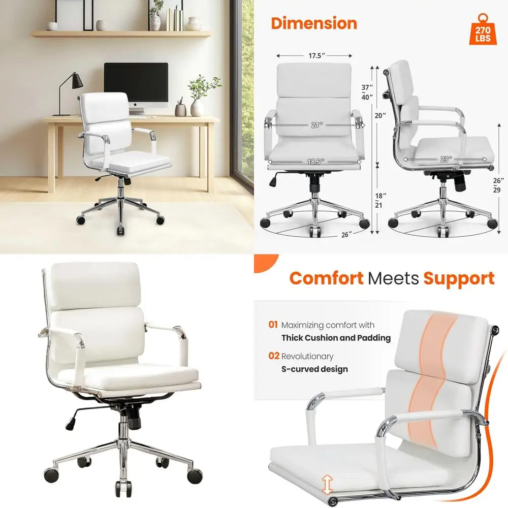 

Белое кожаное эргономичное офисное кресло со средней спинкой, регулируемым мягким сиденьем и поворотными колесиками для комфортной работы дома или в конференц-зале