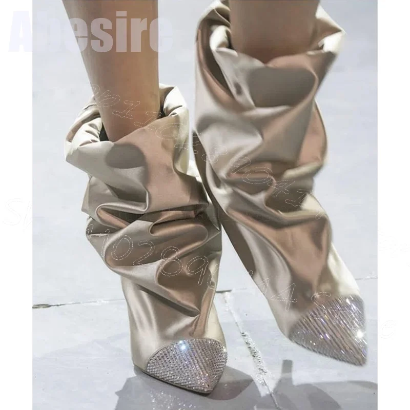 Rhinestone Pointed Toe Gold Pleated Boots Elastic Band Women Shoes Thin High Heels Party Runway Dating 2024 Zapatos Para Mujere