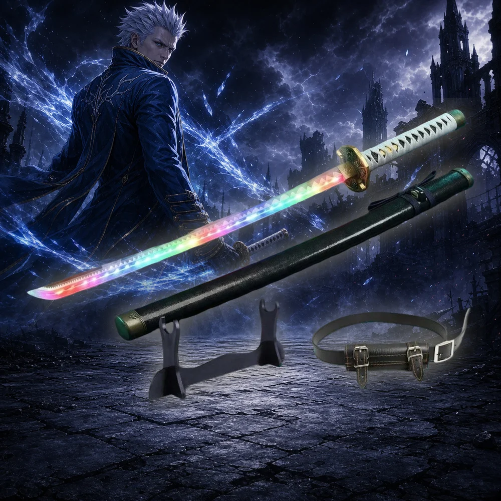40inch 101cm Katana Sword Devil May Cry Vergil Yamato LED Light Up Mist Spray Glow PU Plastic Blade Anime Cosplay Costume Prop Luminous RGB Sword Samurai Ninja Katana Belt Holster Manga Game Glow Mist Katana Toy Gift Collection Set