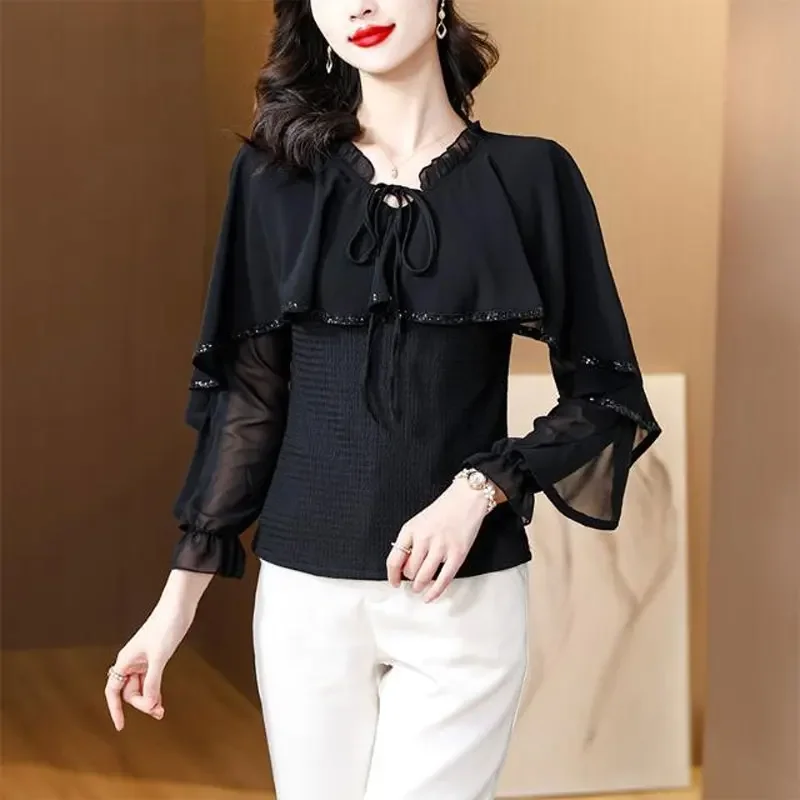 

Commute Vintage Cloak Shirt Women's Clothing O-Neck Elegant Ruffles Spliced Spring Autumn Slim Chic Sequined Drawstring Blouse