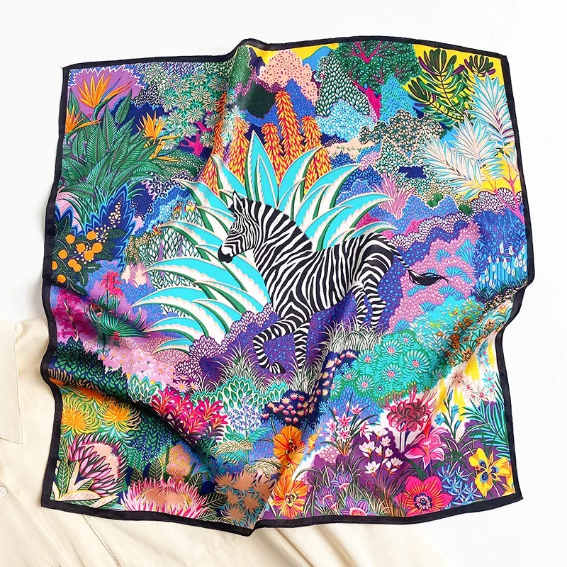 100% Natural Mulberry Silk Scarf Women Designer Zebra Bandana Fashion Headwear Foulard Square Head Hair Scarves Gift for Lady