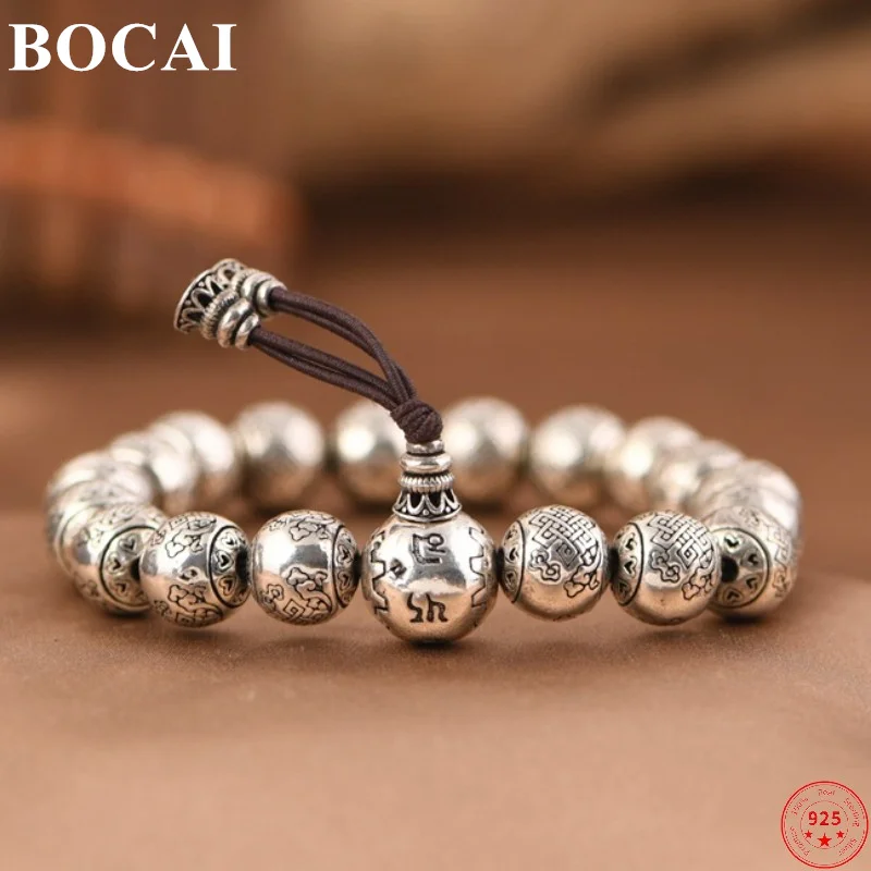 

BOCAI S925 Sterling Silver Bracelet for Men Women Chinese Knotting Auspicious Cloud Six Character Truth Hand String Amulet