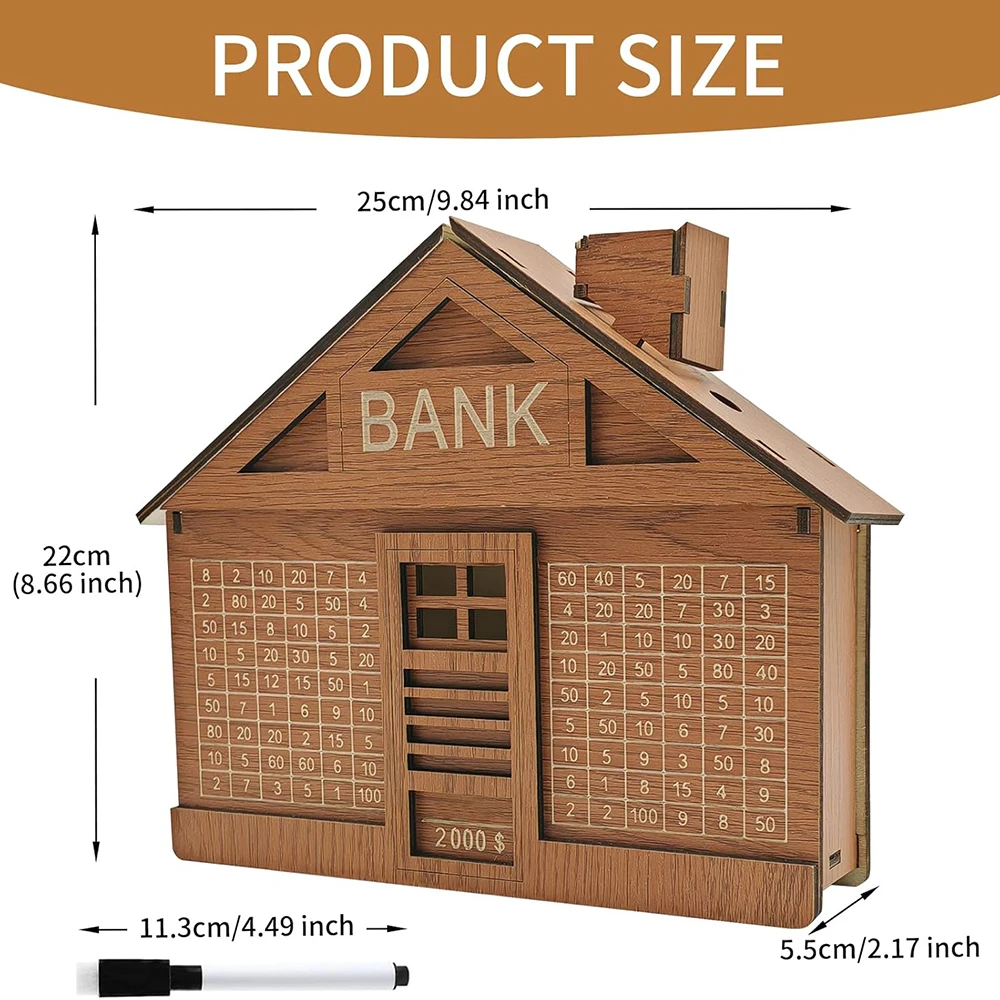 Reusable Cash Saver Box with Dry Erase Pen, Wooden Coin Money Bank for Adults, Wooden Cash Saver Money Box with Counter