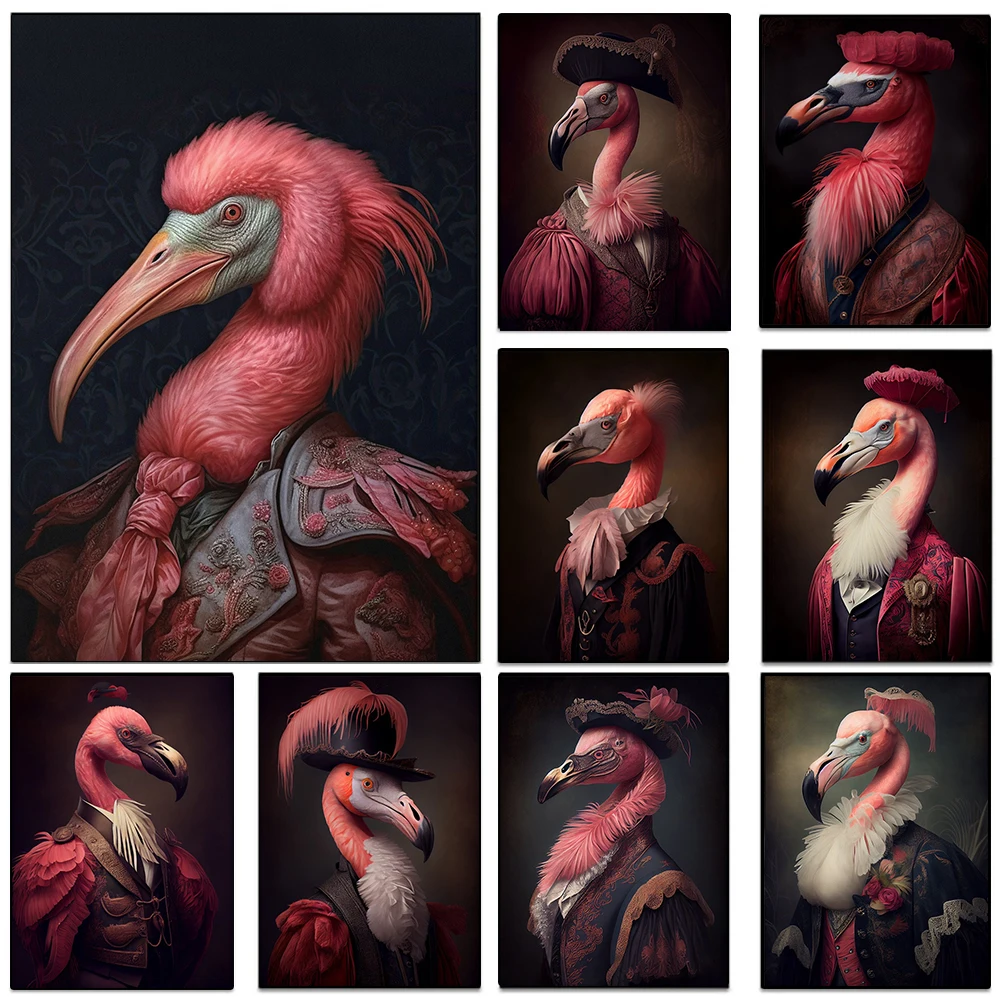 Victorian Flamingo Portrait Art Canvas Painting Gift Regal Pet Poster Prints Living Room Bedroom Wall Picture Home Decor Cuadros