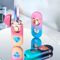 Metal Love Double Flame Butane Gas Lighter Creative LED Blue Light Transparent Gas Window Grinding Wheel Ignition Cigar Lighters