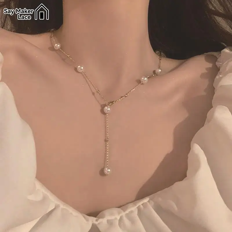 Trend Wedding Party Jewelry Long White Ribbon Choker Necklace For Women Elegant Imitation Pearl Beach Vacation Necklaces