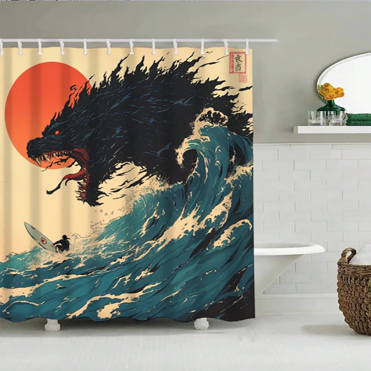 1 pc ukiyo-e Japanese monster surfing shower curtain with no punching, waterproof, and mildew resistant, minimalist bathroom