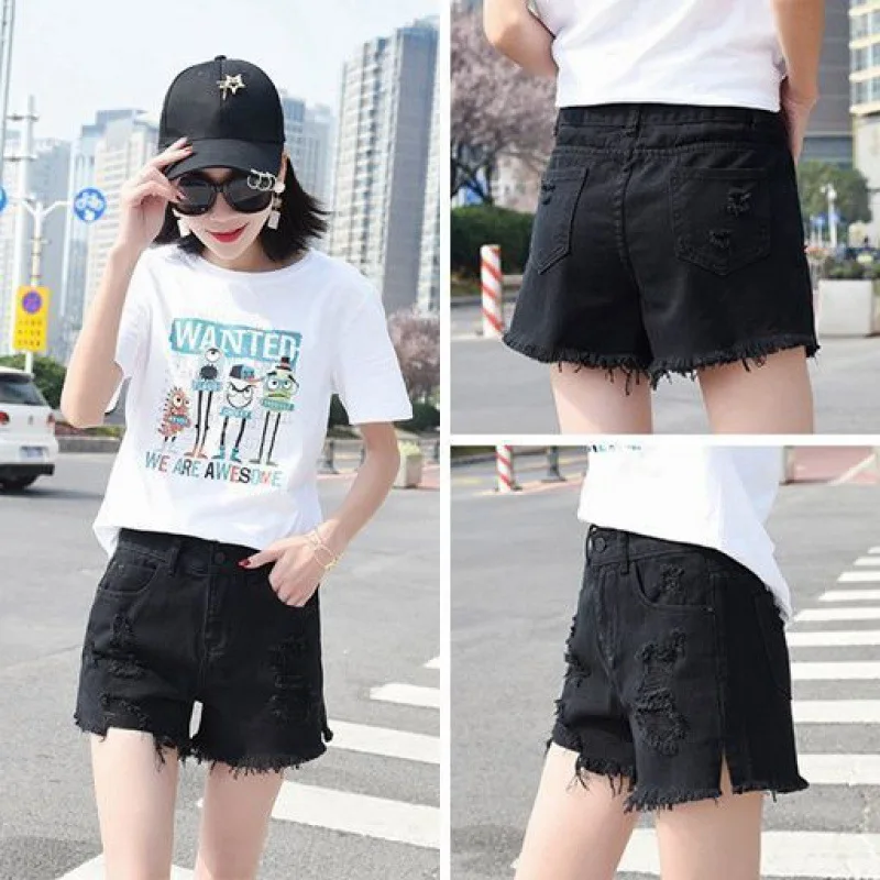 Ripped Holes Denim Shorts Fashion New Summer Women High Waist Wide Leg Jeans Short Junior Casual Loose Raw-Edge Student Clothing