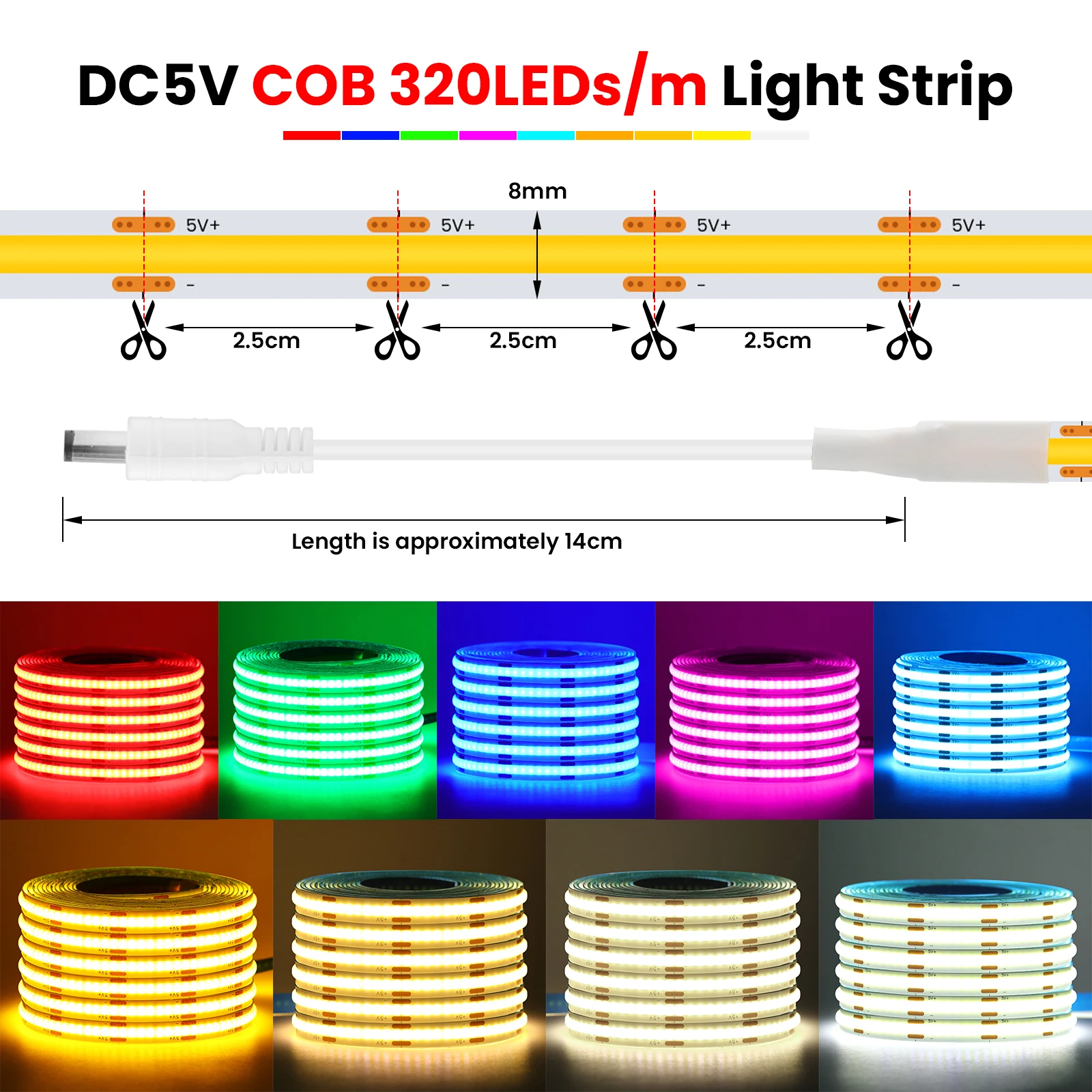 DC 5V COB LED Strip 8mm Battery USB Powered With Motion Sensor 320LEDs/M Induction Night Light for Stair Under Bed Cabinet Light