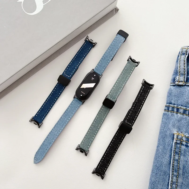 

Denim Canvas Leather Strap for Xiaomi Mi Band 6 5 7 8 Magnetic Bracelet Watch Replacement Wristband for MiBand 9 8 7 Accessories