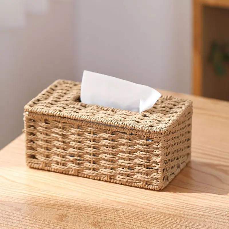 

Beige Woven Tissue Box Vintage Mulit-funtion Napkin Holder Imitation Rattan Woven Tissue Storage Box Home Table Desk Decoration