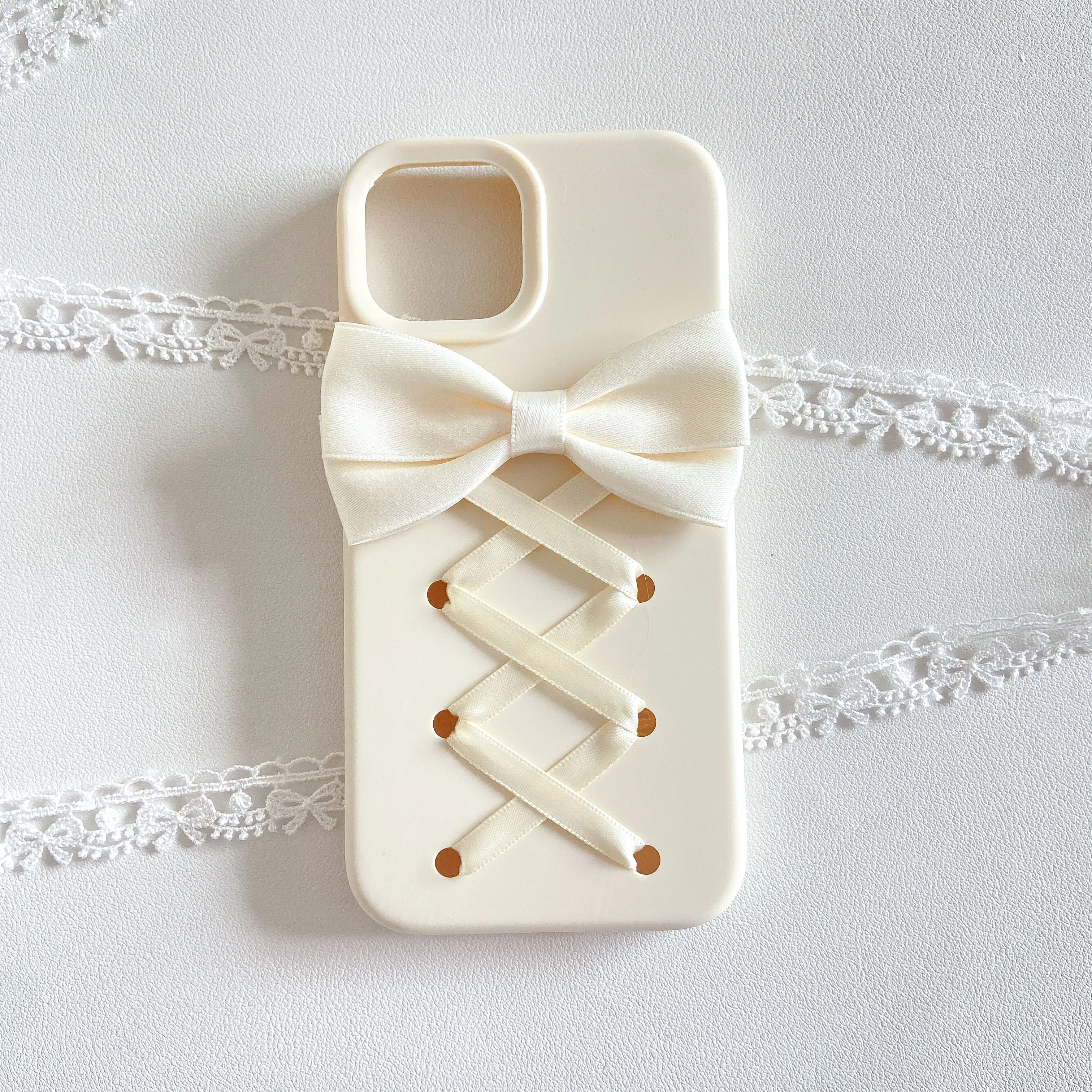 Cute Cream White Bow Phone Case for iPhone 17 16 15 14 13 12 Pro Max Soft Silicone Cross Ribbon Decoration Girly Cover for Women view 6