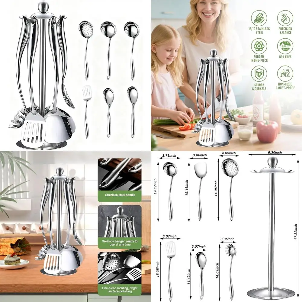 

Stainless Steel 7-Piece Kitchen Tool Set with Rotating Stand: Spatula, Ladle, Turner, Skimmer, Pasta Server, Large Spoon
