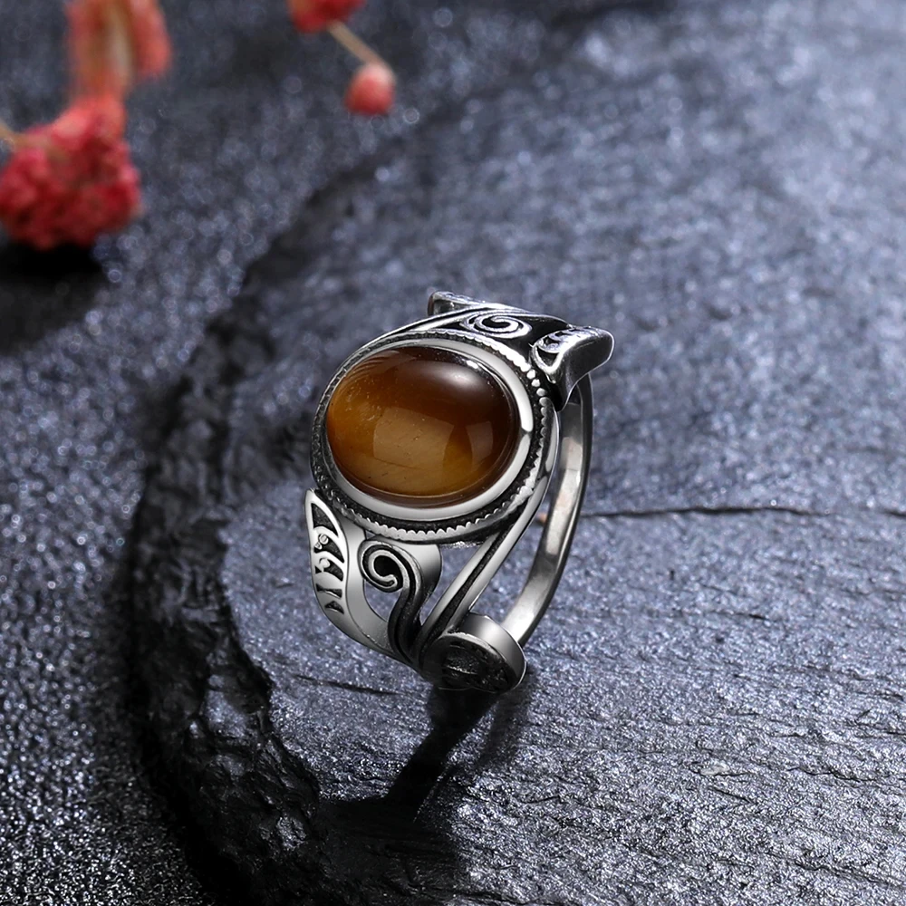 

Natural 8x10MM Tiger's Eye Rings Vintage 925 Sterling Silver Finger Ring for Women Gift Luxury Rhodochrosite Stone Jewelry