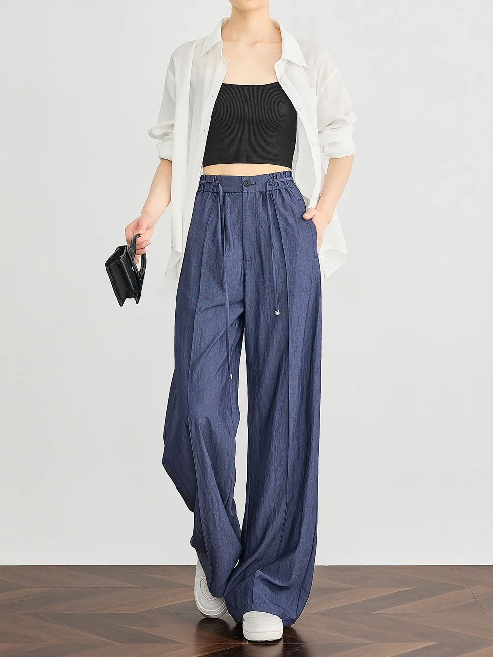 

Falin синие легкие свободные широкие джинсы с высокой талией и драпировкой из искусственного денима, повседневные длинные брюки, женские летние модные