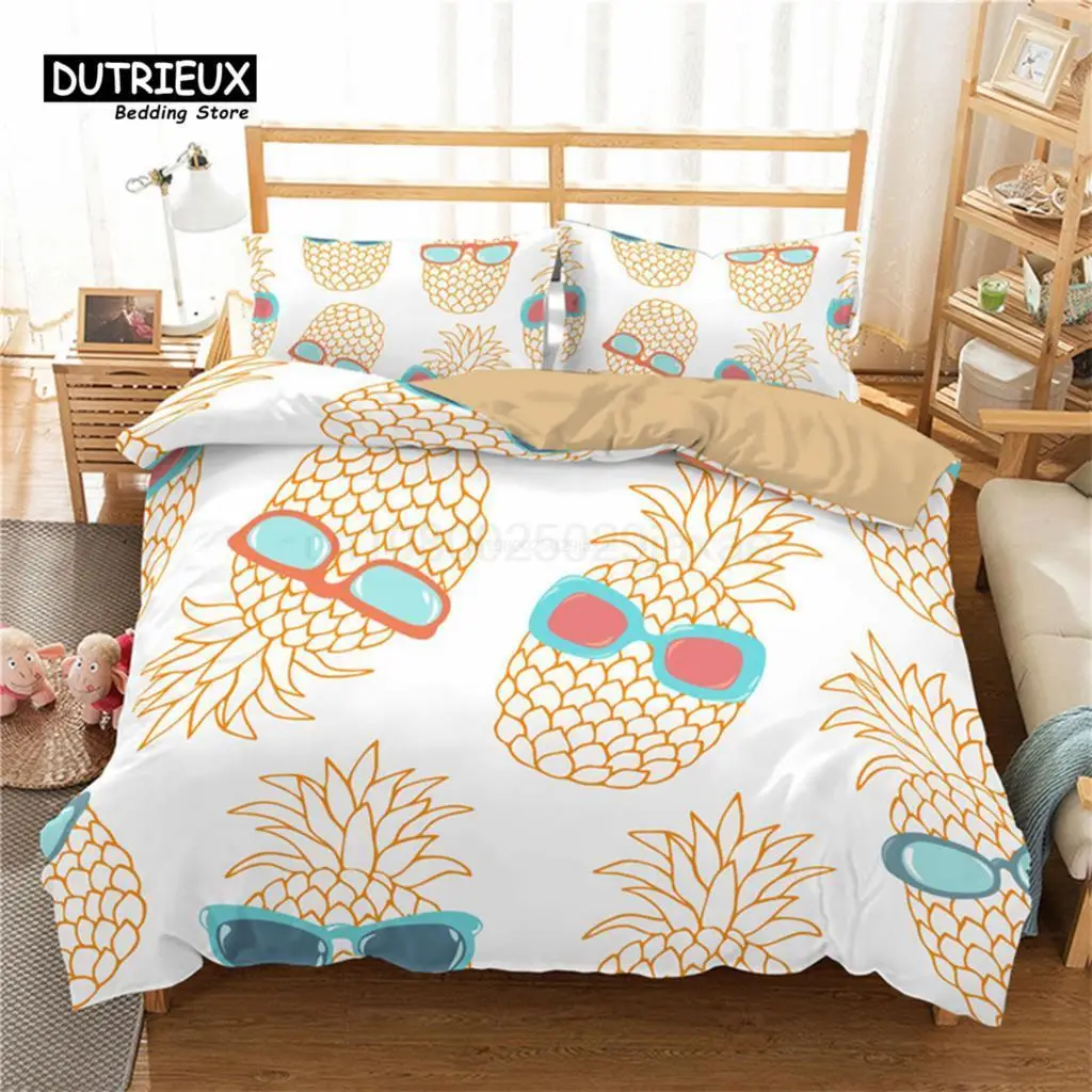 

Funny Tropical Fruit Bedding Set Microfiber Pineapple Pear Geometric Pattern Duvet Cover With Pillowcases For Kids Bedroom Decor