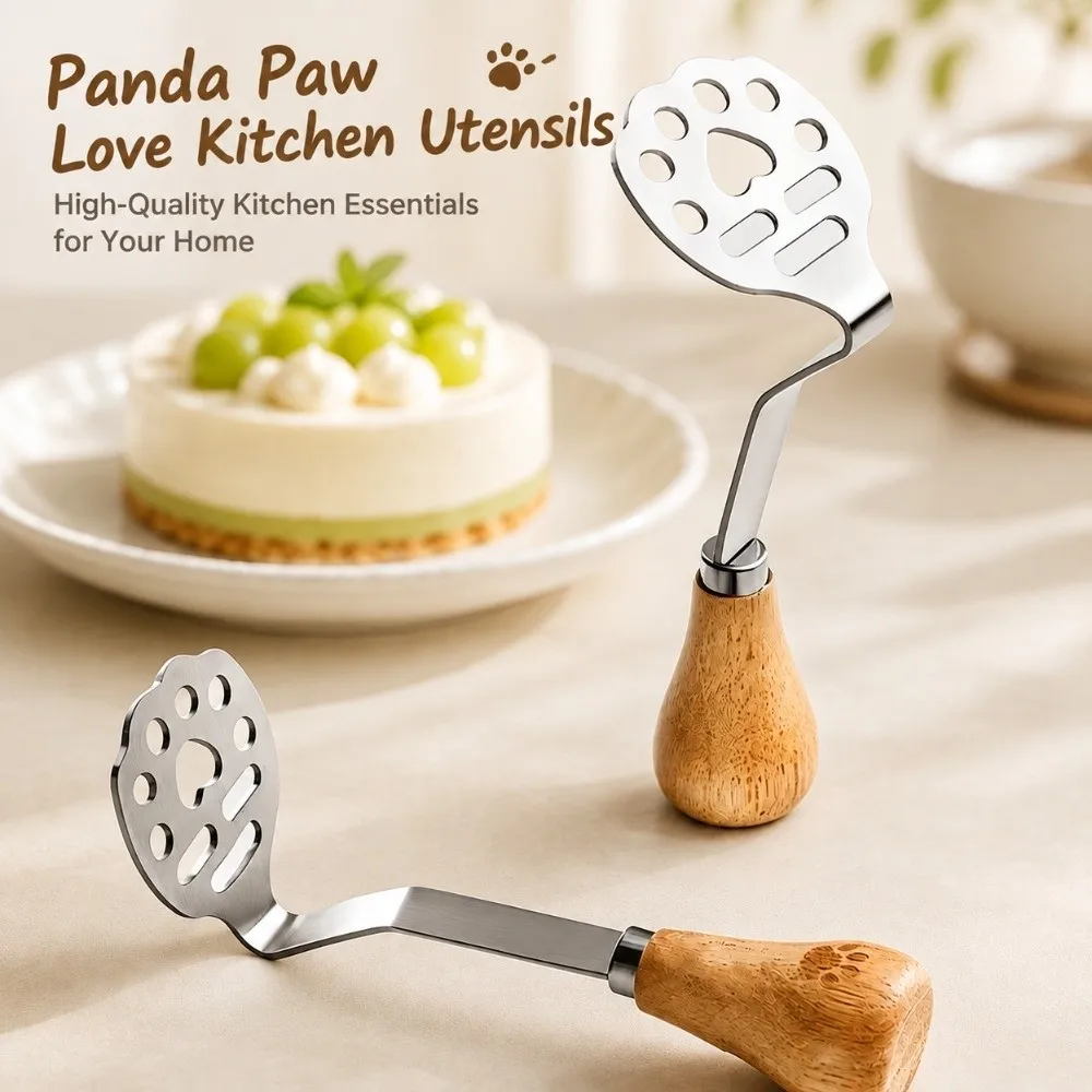 Stainless Steel Head Potato Masher Wooden Handle Hole Punched Plate Vegetable Presser Curved Shaft Ergonomic Grip