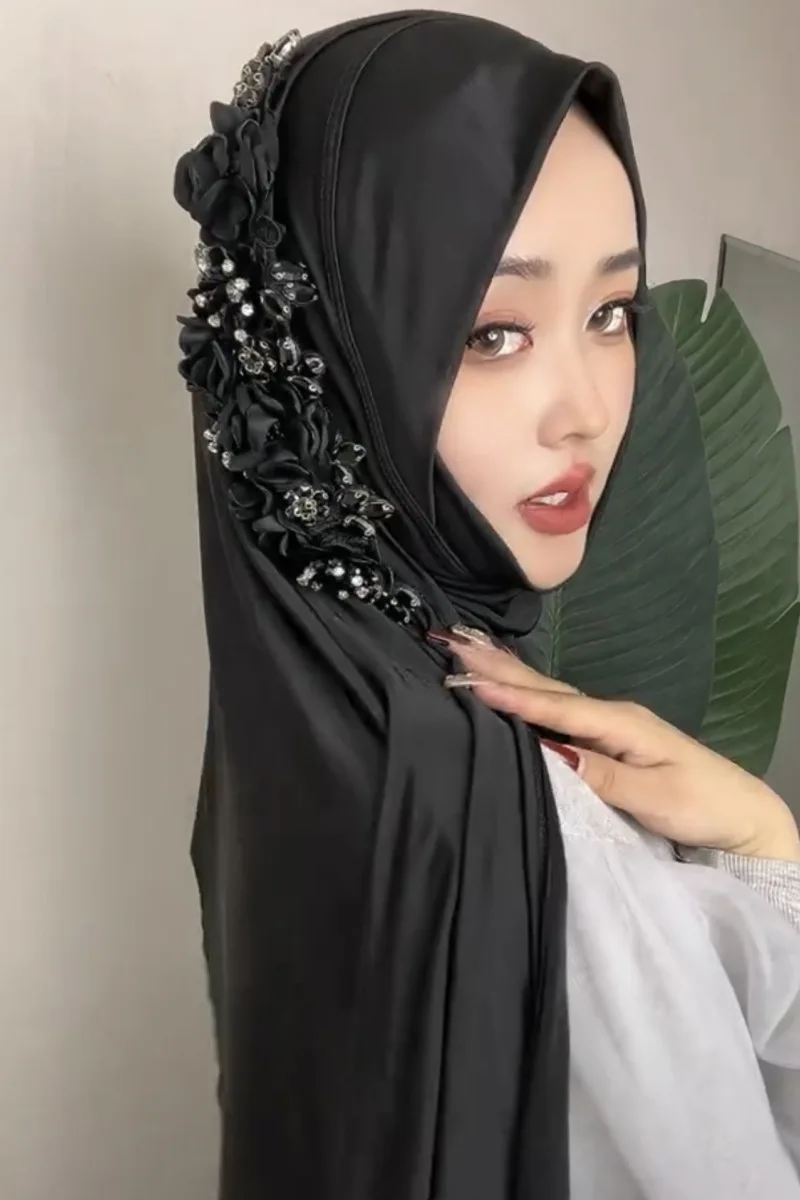 

Хиджаб с бриллиантами и цветком Амира, женский мусульманский шарф из джерси, мгновенный хиджаб, никаб, арабский платок, шаль, головной убор для свадебной вечеринки