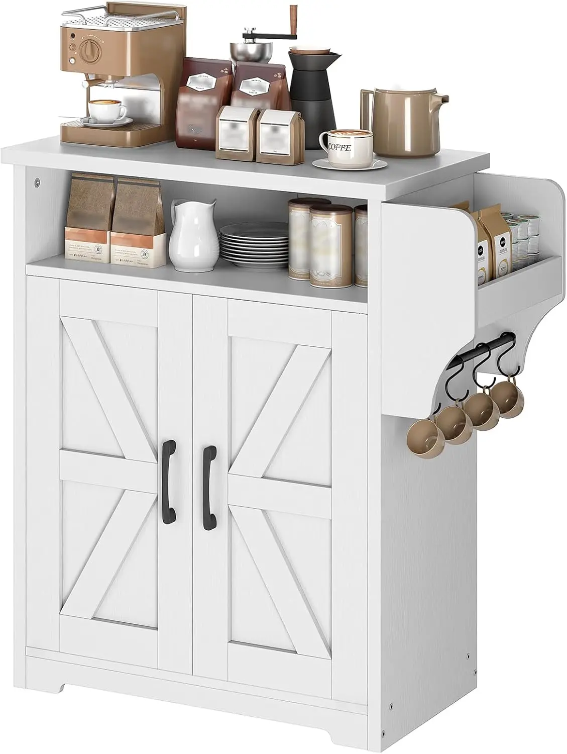 

Coffee Bar Cabinet, Kitchen Island with Storage, Farmhouse Sideboard Buffet Cabinet with Dual-Purpose Floating Shelf and Hooks,