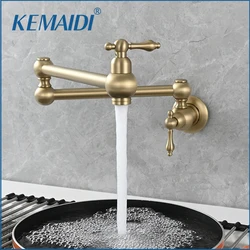 KEMAIDI Gold Pot Filler Faucet Wall Mount Folding Faucet 2 Handle with Double Joint Swing Arms Brass Commercial Kitchen Faucets