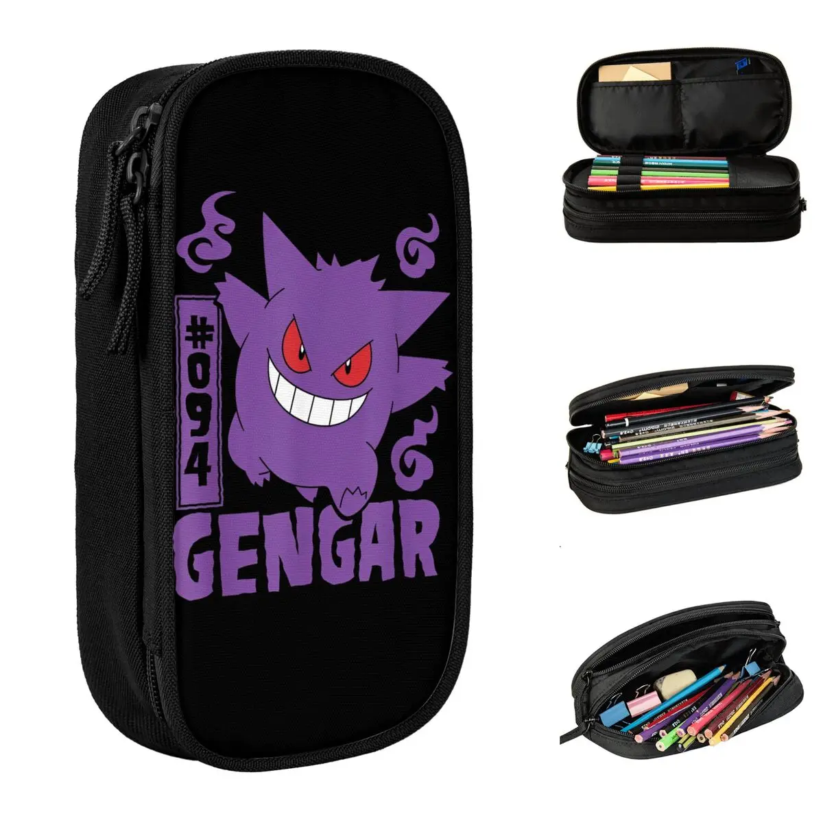 Lindo Pokemon Gengar estuche de lápices de dibujos animados Merch para niños niñas niños estuche de lápices de doble capa bolsas de maquillaje para niñas
