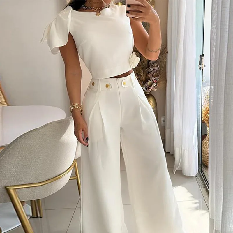 Elegant Pants Set Women Petal Sleeve Crop Top Straight Trousers Two Piece Set Shirt Set Work Top Matching Sets 2 Piece Sets Y2k