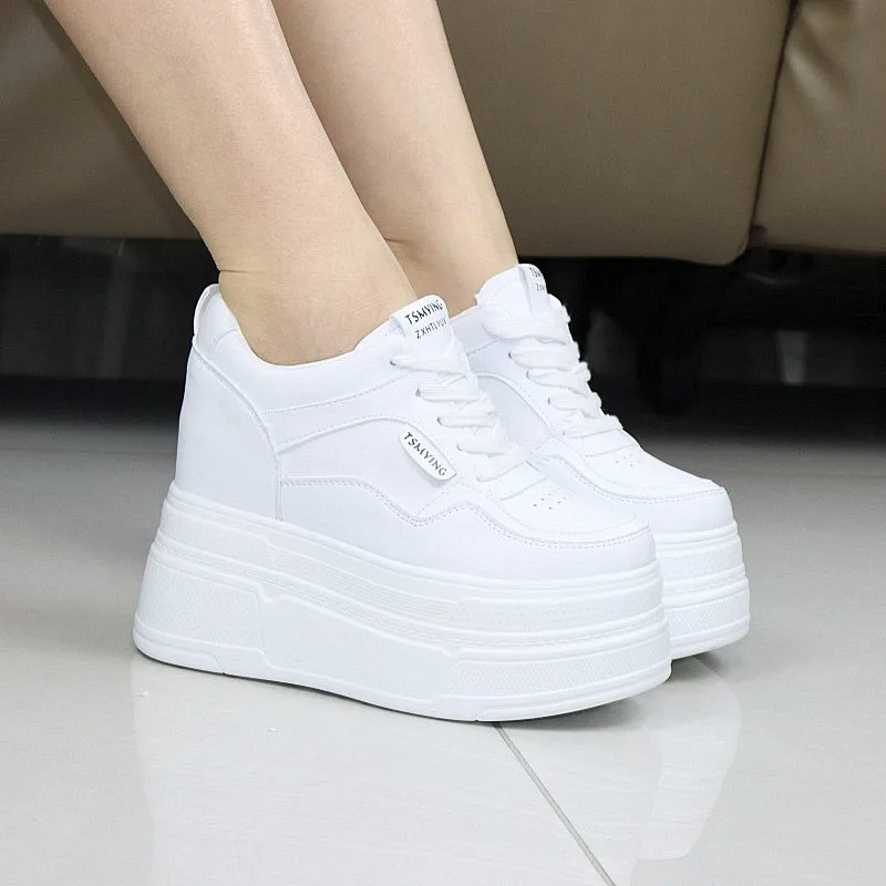 Zapatillas Deportivas de Plataforma con Suela Gruesa de 12 cm para Mujer, Otoño, Nuevas, Blancas, Estilo Skate, Casuales, Versátiles, con Plataforma Oculta
