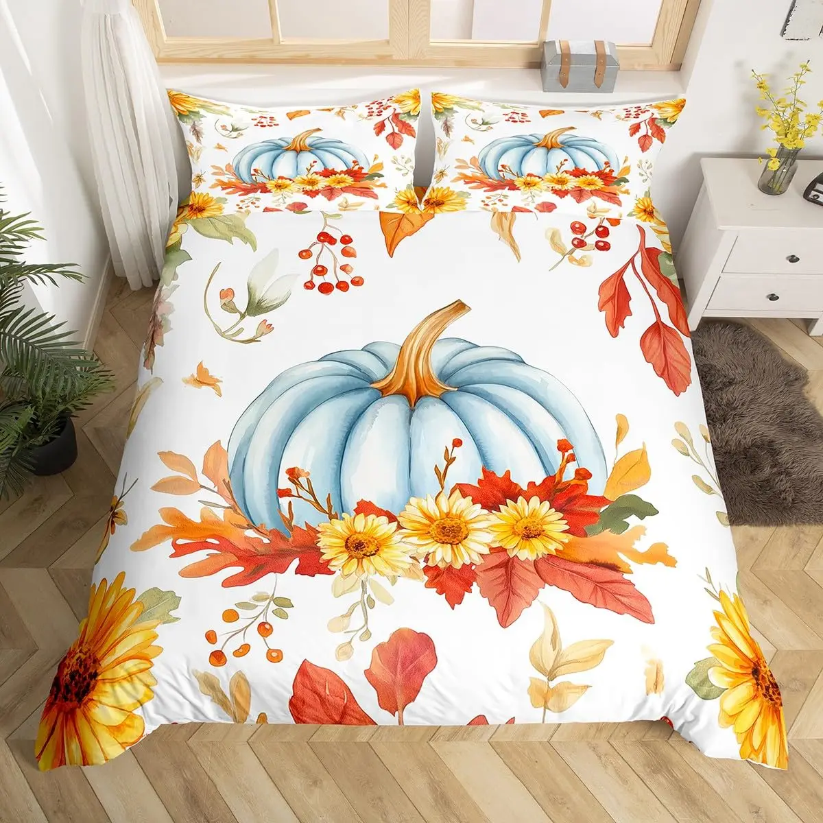 Autumn Pumpkin Duvet Cover Full Queen Fall Leaves Boho Floral Bedding Set Farmhouse Harvest Home Decor,Thanksgiving Quilt Cover