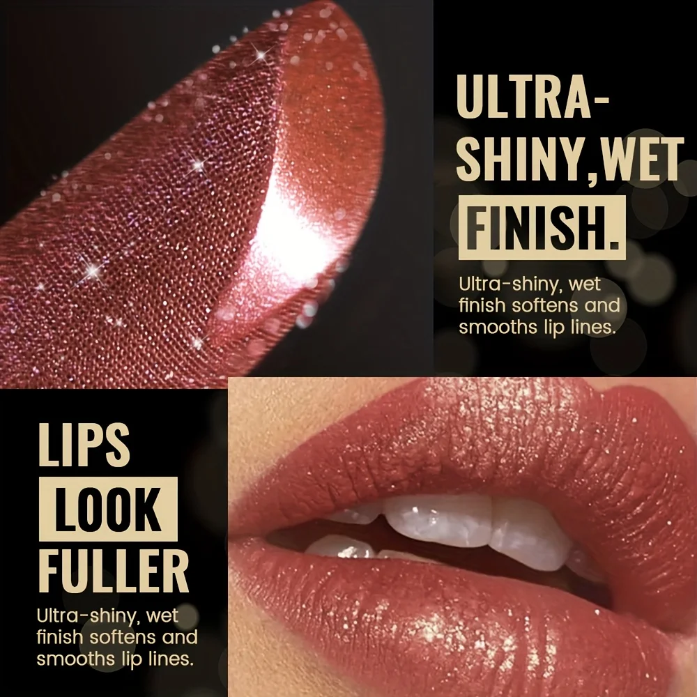 Rossetto glitterato metallizzato, lucentezza perlata, texture cremosa a lunga tenuta, trucco per feste ad alta pigmentazione