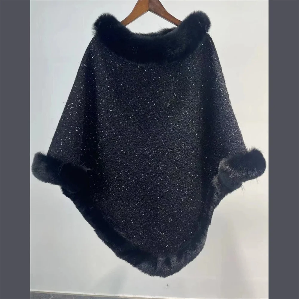 2024 Batwing Sleeve Fashion Bright Silk Out Wear Cloak Granular Velvet Loose Women Winter Faux Fur O Neck Pullover Shawl Cape