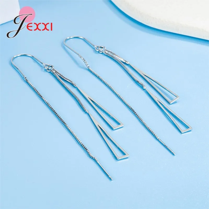 Hot Sale Genuine 925 Sterling Silver Geometry Hollow Triangle Long Earrings For Women Girls Fine Female Silver Jewelry Gift