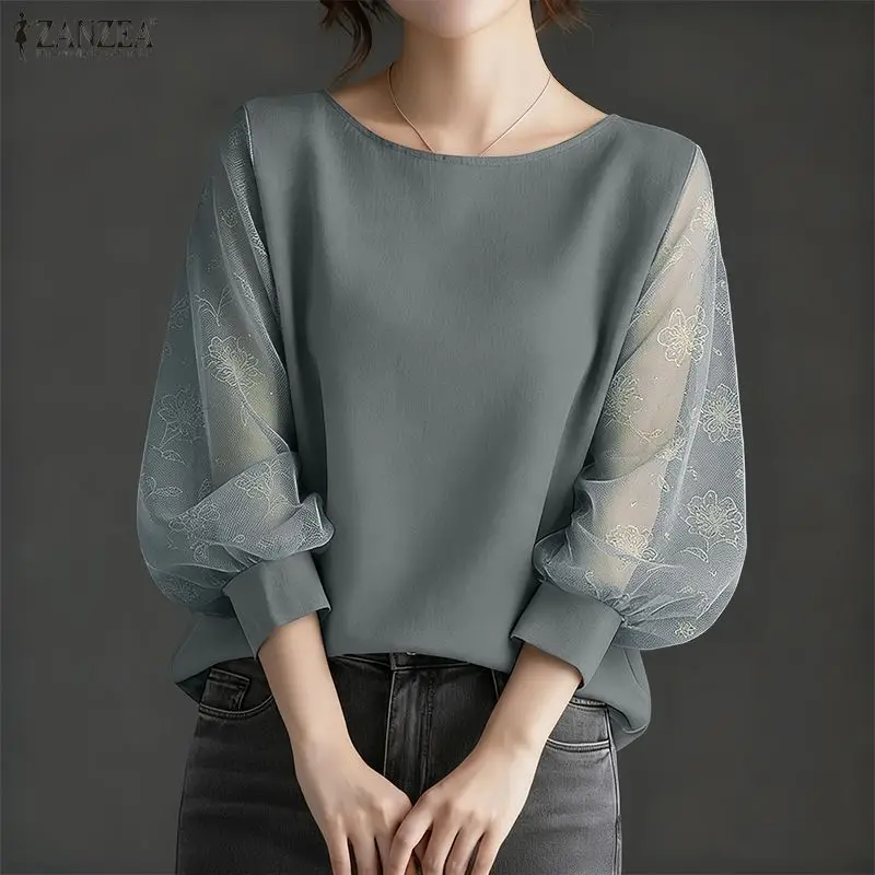ZANZEA Bluzki damskie z szyfonu w kwiatowy wzór, z rękawami typu lampion, patchworkowe, codzienne bluzki z dekoltem w łódkę, wiosenno-letnie ubrania damskie, bluzki