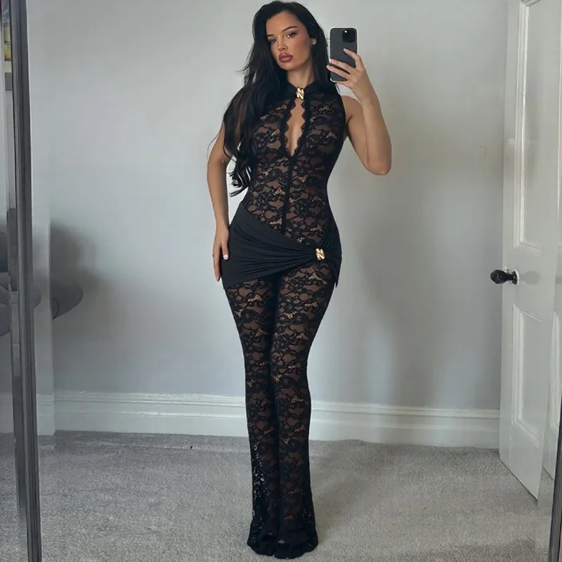Women Sexy Metal Buckle Ruched Patchwork See Through Lace Jumpsuits Turtleneck Hollow Out Sleeveless Slim Club Party Overalls