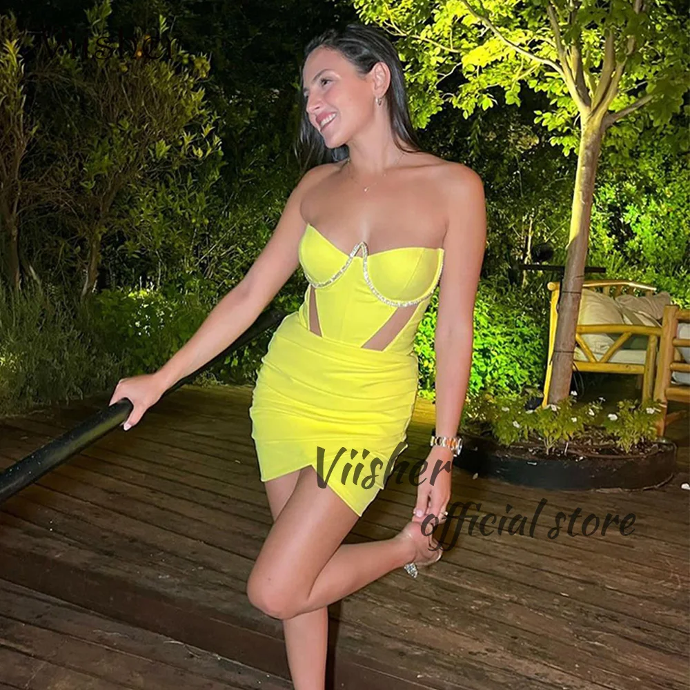 Viisher Yellow Short Prom Dresses Sexy Corset Sweetheart Tight Cocktail Party Dress Pleats Satin Bodycon Mini Evening Party Gown